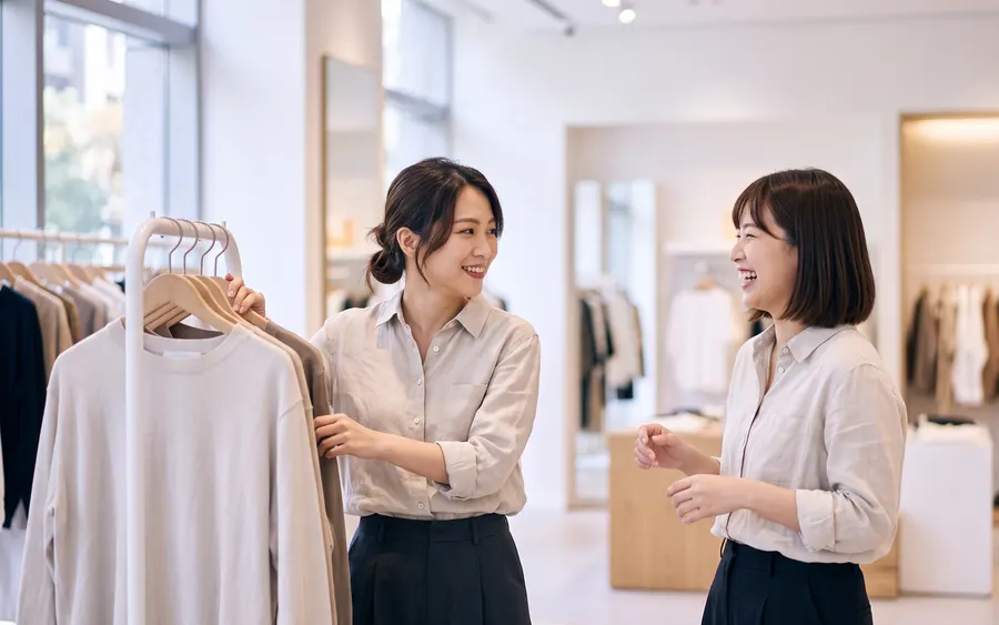零售品牌門市店員於明亮專櫃賣場與顧客互動介紹服飾，示意 FLAPS 會員經營與 OMO 全通路會員服務情境