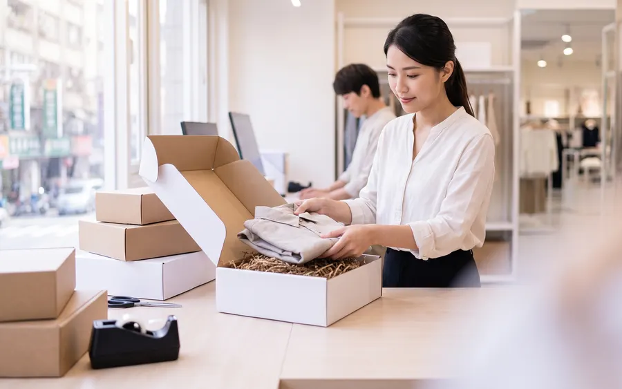 服飾品牌門市人員將線上訂單商品裝入出貨紙箱，示意 FLAPS 網路購物管理的多平台訂單與一鍵出貨